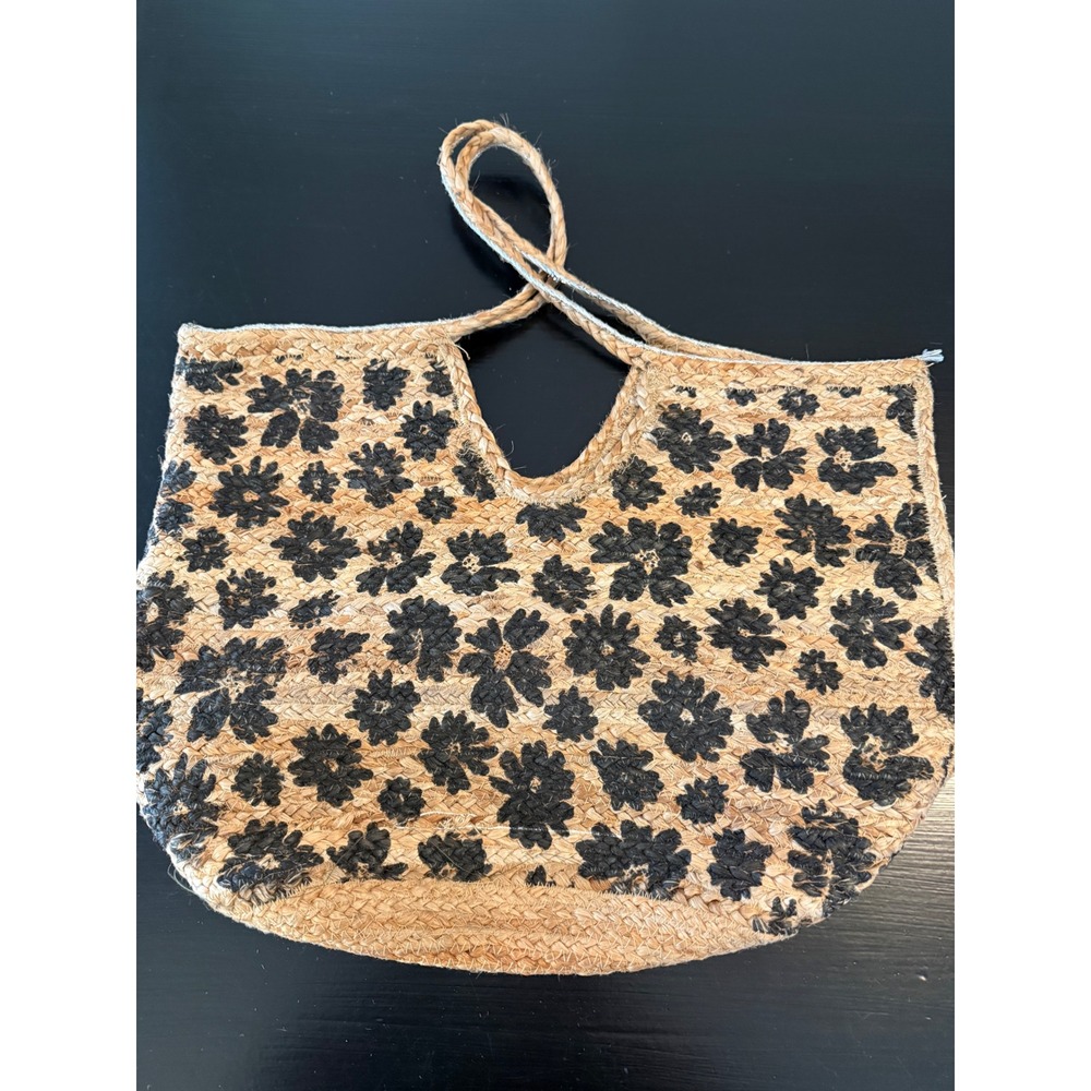 Woven Jute Floral Tote Bag Natural Black Straw Beach Shoulder Bag Large‎